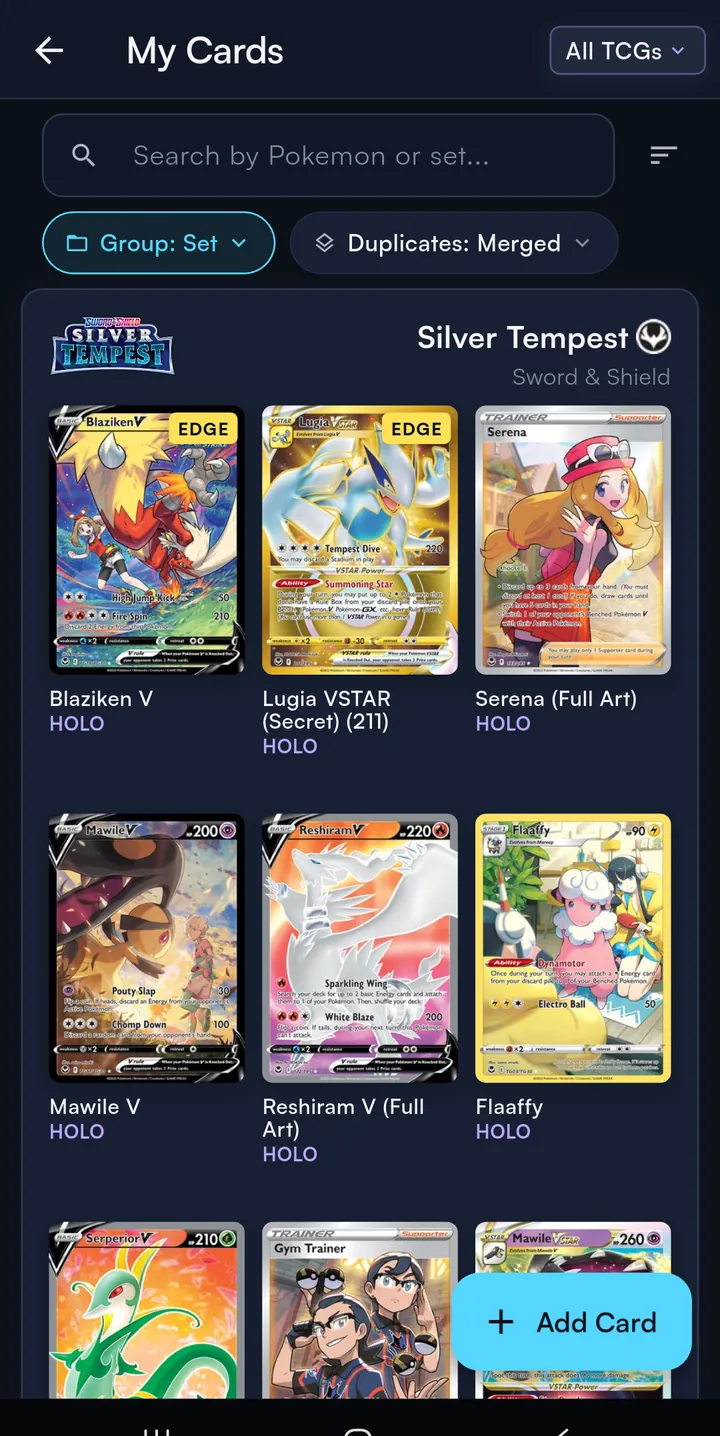 A Pokémon collection grouped by set with real card images
