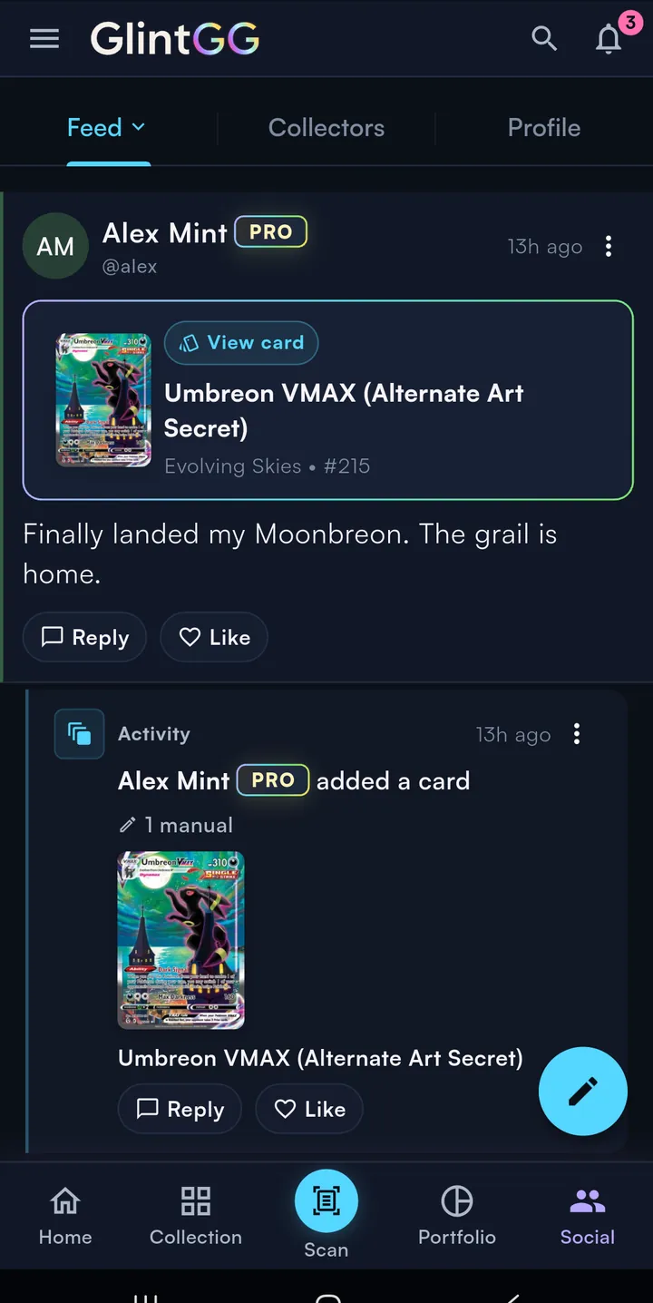 The GlintGG social feed with a tagged Umbreon VMAX pull and an add-a-card activity post